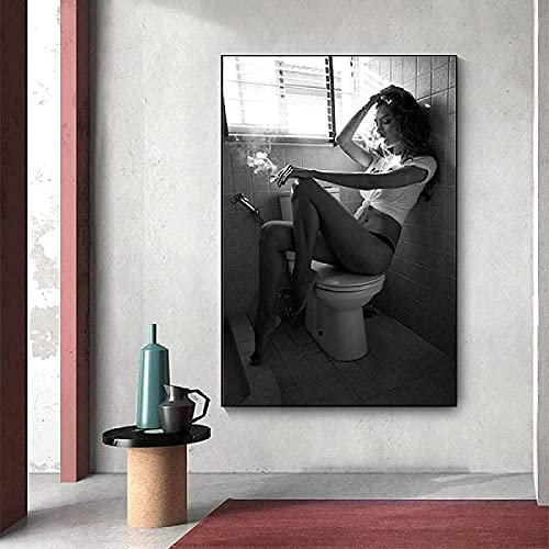 SHYJBH Photos murales Toilettes Modernes Sexy Femme Affiche Bar Fille Fumer dans Les Toilettes Noir Blanc Sexy Mur Art Photo pour La Décoration Intérieure 40x60cm sans Cadre