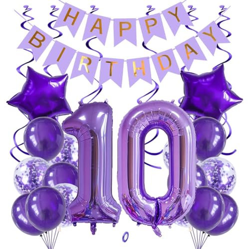 Jxuzh Set di 10 palloncini decorativi per compleanno, viola, 40 pollici, numero 10 (100 cm), colore viola, 25 pezzi, per compleanno, decorazione, palloncini ad aria/elio