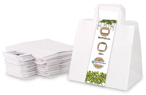 BIOZOYG 100x Papiertragetaschen 26 x 17 x 25 cm - weiße Papiertüten mit Henkel Einkaufstüten - Papiertaschen Geschenktüten Tragetaschen Kraftpapier
