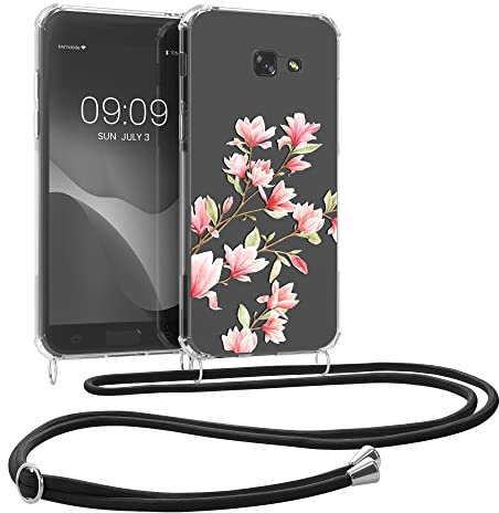 kwmobile Necklace Case kompatibel mit Samsung Galaxy A5 (2017) Hülle - Silikon Cover mit Handykette - Rosa Weiß Transparent Magnolien