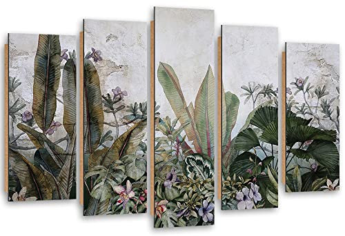 Feeby Dekobild 5 Paneele 200x100 cm Exotische Blätter Monstera Dschungel Tropische Pflanzen Wanddekoration Kunstdruck Zimmerdeko Bilderwand Natur Textur Abstraktion Grün