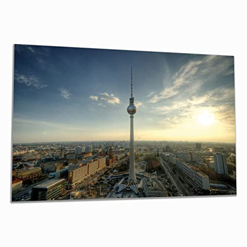 Wallario Herdabdeckplatte/Spritzschutz aus Glas, 1-teilig, 80x52cm, für Ceran- und Induktionsherde, Fernsehturm Berlin mit Panoramablick über die Stadt