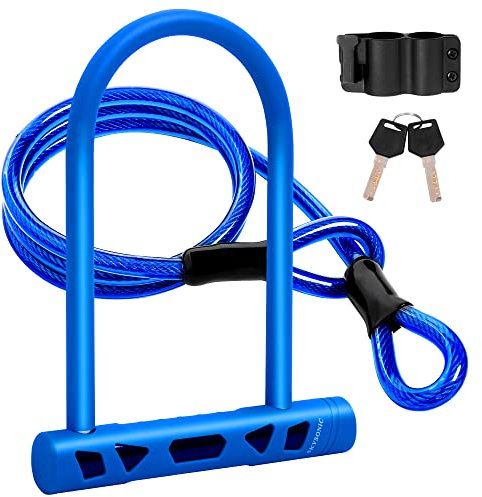 SKYSONIC Bike Lock Heavy Duty Bike U Lock with Cable 14mm Shackle and 12mm x1.5m Cable and Sturdy Mounting Bracket for Mountain Bike Fold Bike Road Bike（Navy Blue）