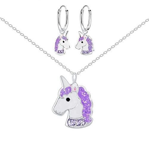 FRIEDA + PAUL Einhorn lila Mädchen Halskette Anhänger Ohrstecker Ohrringe 4-tlg. Set 925 Sterling Silber anlaufgeschützt Schmuckbox