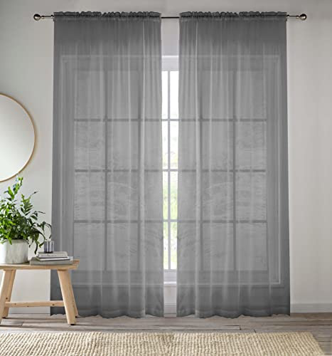Enhanced Living Grey Voile Curtains for Living Room Panel Pair - 57 Wide x 54 Drop - Plain Woven Slot Top Sheer Curtains (57x54) 145x137cm