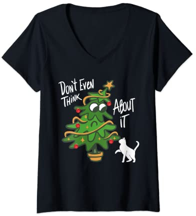 Womens Funny Cute Cat And Christmas Tree, White Cat, Xmas V-Neck T-Shirt