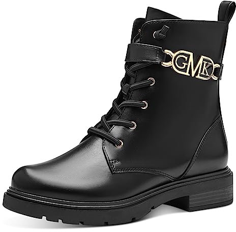 MARCO TOZZI by Guido Maria Kretschmer Damen Stiefeletten zum Schnüren aus Kunstleder mit Reißverschluss, Schwarz (Black/Gold), 37 EU