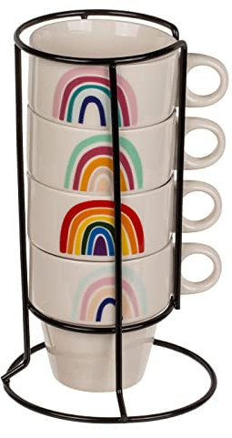 ReWu Tazza da caffè con manico, arcobaleno, con supporto cromato, impilabile, con manico, 8 x 8,5 cm