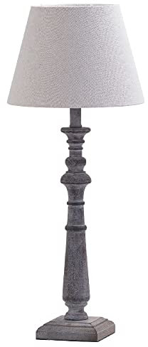Grey Washed Wood Vintage Rustic Column Stem Table Lamp with Linen Fabric Tapered Drum Shade | 50cm Height | 1 x SES E14 Lamp Bulb Required | UK Approved | in-Line Switch | Wooden Hand Carved