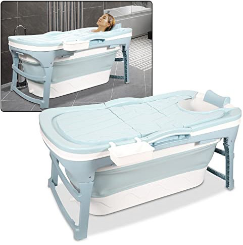Sonnewelt 118x60x50cm Faltbare Badewanne Erwachsene L, klappbare mobile Badewanne mit Abdeckung Klappbadewanne Erwachsener foldable bathtub mit Korb für Badezimmer, Dusche und Balkon