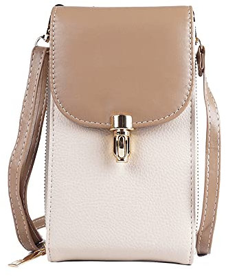 OLIVIA WONG bolso para movil mujer para colgar bolso bandolera pequeño mujer de cuero PU con 3 capas y 6 tarjetas (Beige)