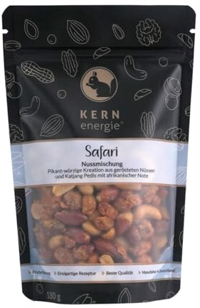 KERNenergie Nussmischung Safari im Flowpack - Pikanter Nussmix - Gemischte Nüsse mit Erdnüssen, Cashews, Mandeln und Katjang Pedis, 180g