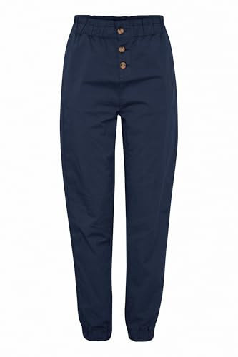 OXMO OXCOBIE Damen Hose Stoffhose Baumwolle mit Stretch Paperbag Hose mit elastischem Bund und Knopfleiste High-Waist Loose-Fit, Größe:S, Farbe:Total Eclipse (194010)
