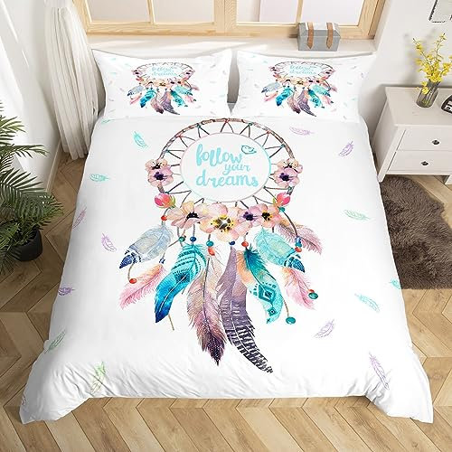 Housse de Couette 200x200 Attrape Rêves en Imprimé Parure de Lit Fille 2 Personne avec Fermeture Éclair avec Taies d'oreiller 65x65cm Dreamcatcher Plumes Fleurs Literie Housse de couette ado fille