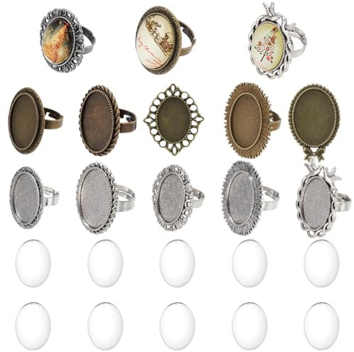 SUNNYCLUE 10 Stück Cabochon Fassungen Ringe Ovale Cabochon Ringe Cabochon Ring Basis Vintage Cabochons Aus Klarem Glas Verstellbare Ring Basis Fassungen Leere Cabochon Ringe Für Schmuckherstellungs Se