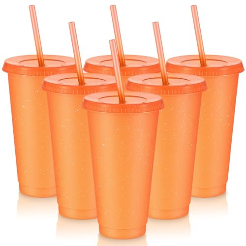6 Pcs Reusable Tumbler with Lids and Straws Plastic Iced Coffee Tumbler Glitter Travel Mug Cup for Smoothie Juices Birthday Party Cold Drink Coffee Cup Bulk for Adult Kid Women(24 oz,Orange)