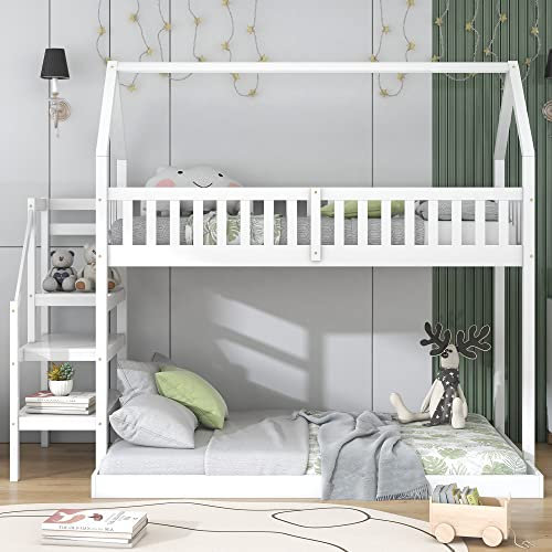 SOFTWEARY Etagenbett, 90x200 cm/120x200 cm, Kinderbett mit 2 Schlafgelegenheiten, Lattenrost und Treppe, Hausbett aus Kiefer, Hochbett inkl. Rausfallschutz