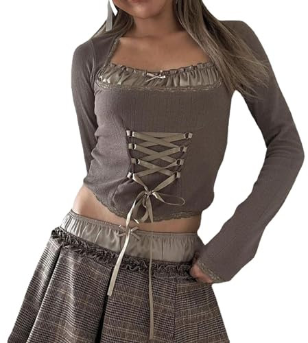 Damen Vintage Spitze Patchwork Shirt Y2k Square Neck Langarm Crop Top Slim Fit Basic Workout Tees Streetwear, Grau-b, Large