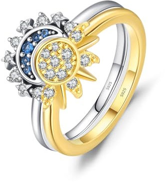 TOFBS Himmlischer Sonne Mond Ring S925 Sterling Silber Zirkonia Schmuck Damenring Zweifarbig Verstellbar Celestial Damenring