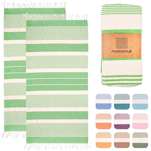 MOMOMUS Pack von 2 Fouta XL oder Strandhandtuch Baumwolle 100% - Saugfähig, Ultraweich, Kompakt - Ideal als Strandtuch, Hamamtuch und Saunahandtuch - Apfelgrün, 90x180cm