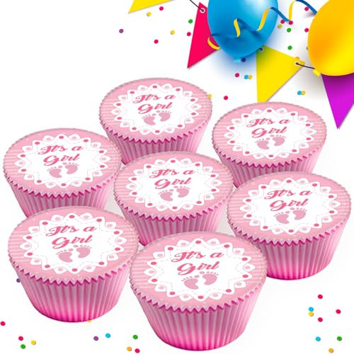 24 x ITS A GIRL BABY SHOWER NEW BABY PINK 4.5 cms EDIBLE ICING CUPCAKE TOPPERS DECORATIONS
