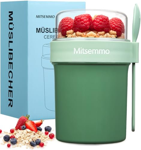 Mitsemmo Müslibecher to Go,Müsli Cup to Go Becher,Joghurtbecher to Go mit Löffel,Cornflakes to Go,Müslibecher Müslidose Müslischale Frühstücksdose Müslibox,Joghurt to Go Becher (560ml+230ml-Grün)