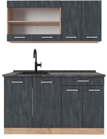 Vicco Singleküche R-Line, Schwarz Beton/Goldkraft Eiche, 140 cm AP Anthrazit