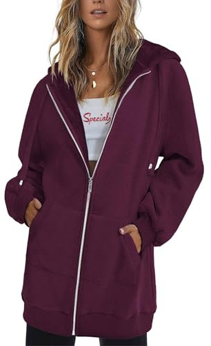 Zeagoo Damen Zip Kapuzenpullover Casual Loose Fit Hoodie Long Einfarbig Kapuzenpulli Herbst Winter Langarm Sweatshirt Wärme Drawstring Top Weinrot S