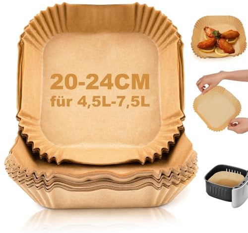 Backpapier für Heißluftfritteuse, 125 Stück 20-24cm Airfryer Backpapier, Quadrat Pergamentpapier kompatibel mit Ninja,Philips,Cosori,Tefal 4,5-7,5 L Luftfritteuse, Airfryer Zubehör