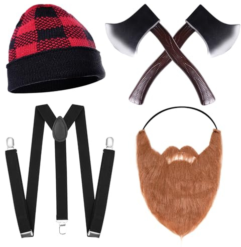 Holzfäller-Kostüm für Erwachsene, kariert, Holzfällermütze, Kunstbart, Halloween-Schaumstoff-Axt, Strumpfhalter für Halloween-Kostümparty, 5-teilig, Schwarz, Einheitsgre