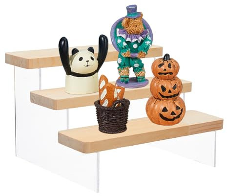 DICOSMETIC 3-Tier Wood Acrylic Display Stand Riser Shelf Transparent Minifigures Display Shelf Riser Wooden Clear Cupcake Stand Holder for Cosmetic Doll Model Display