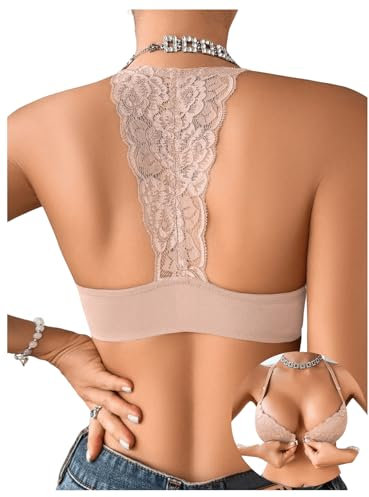 GORGLITTER Women's Lace Front Fastening Bras Push Up Underwire Plain Sexy Racerback High Support Bra Dusty Pink 75C