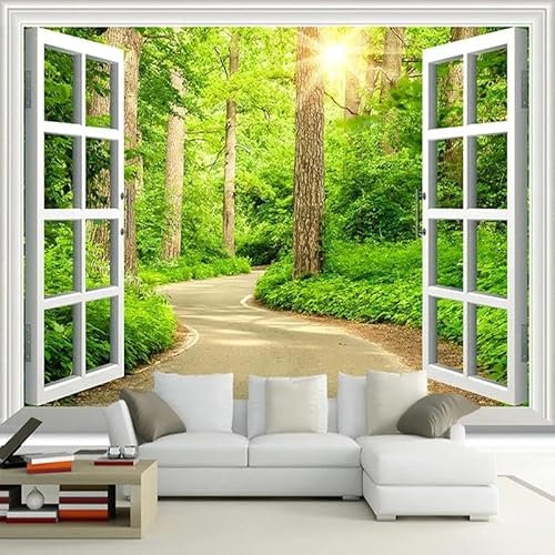 Benutzerdefinierte 3D-Fototapete, Grüner Sonnenschein, Wald, Straße, Fenster, Natur, Landschaft, Wandbild, Wohnzimmer, Sofa, TV, Hintergrundbild,430cmX300cm