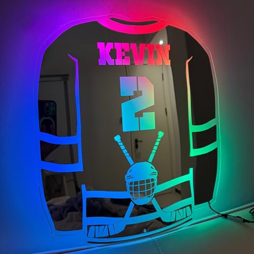Personalisierter Eishockey-Trikot, LED-Spiegel, individueller Spielerstick, LED-Neonlicht-Schilder für Wandkunst, Weihnachten, Geburtstag, Sportgeschenke für Vater, Freund, Jungen, Kinder (37 x 42 cm)