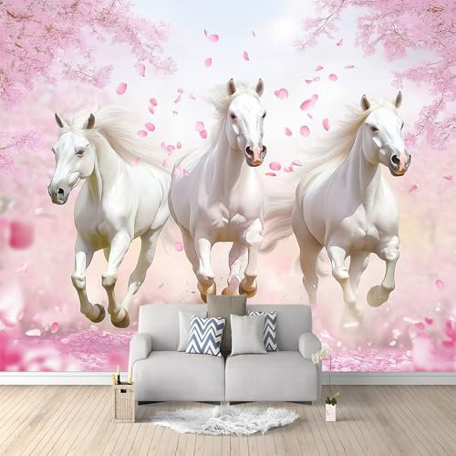 Vlies Fototapete 3D Effekt Rosa Tierfotografie Kirschblüten Weißes Pferd Vliestapete - Wandtapete Für Wohnzimmer Schlafzimmer Büro Flur Tapete Kinderzimmer Jungen Mädchen Wandtapete 300 x 210 cm