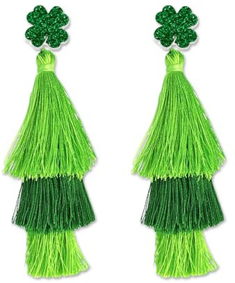 CharmBurst St. Patrick's Day Ohrringe, Grüne Kleeblatt Ohrringe mit Mehrlagigem Fransen Design, Irisches Festival Ohrringe für St. Patricks Day Kostüm
