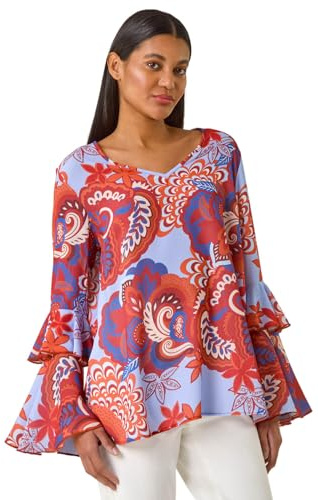 Roman Originals Paisley Print Flared Sleeve Top for Women UK - Ladies Everyday Holiday Spring Summer V-Neckline Comfy Soft Evening Vacation Work Party