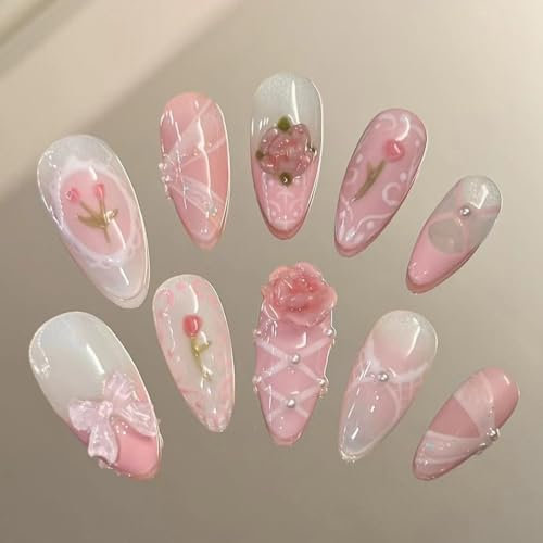 GlamRays 24 Stück Nail Apparel Y2K Cute Almond Press on Nails, 3D Charms, Glitter, Strass, Herz, Perle, Schleife, Medium Almond Fake Nails