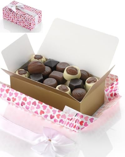 Ballotin di praline belghe di lusso 250 g, confezionato come regalo con cuori rossi e fiocco. Senza conservanti. Qualità superiore assoluta.