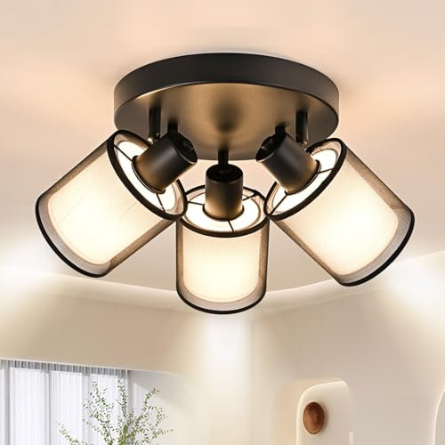 Doughelec Deckenlampe Deckenstrahler 3 Flammig Flur - Deckenleuchte Schwarz Deckenspot Rund Vintage E14 Schwenkbar 350° Lampe Decke Wandlampe MAX30W Stoff für Wohnzimmer Küche Flur, Ohne Leuchtmittel