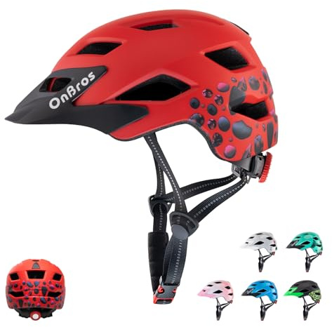 Kids Bike Helmet, OnBros Kid Helmets For Ages 5-8-11-14 Years Boys and Girls, Bicycle Helmets Kids With Visor Adjustable, Bicycle Scooter Skating Cycle Helmet (Red Gemstone-matte)
