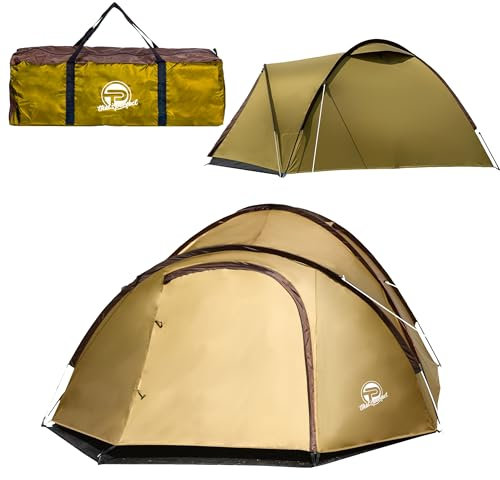 Campingzelt 3-4 Personen (doppelwandig) – leicht, stabil, wasserdicht | verdunkelter Innenraum, Moskitonetz, Fluoreszierende Abspannleine, verstärkte Heringe, Vorraum mit Bodenplane inkl. Tragetasche