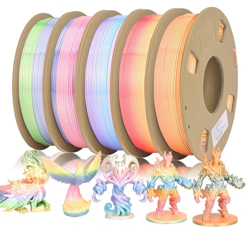 BAMTTOO Silk PLA 3D Printer Filament Bundle Rainbow Color Filament 1.75mm Pack 0.25kg Per Spool 5 Pack 5 Colors Fit Most 3D Printers