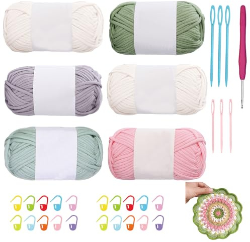 Filato per Magliette, 6 Pezzi di Filato Multicolore, Fettuccia per Borse a Uncinetto, Filatos Maglieria Filatos Grosso, Filo per Uncinetto per Principianti, per Lavorare a Maglia Cappelli (Rosa Verde)