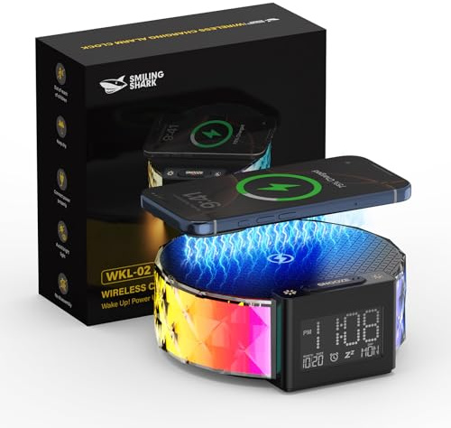 Smiling Shark Lichtwecker, Nachttischlampe Wecker Kabelloser Ladestation mit Touch Steuerung 3 Stufen und RGB-Modus LCD-Display Ladegerät Wecker Licht Nachttischlampen für Schlafzimmer Zuhause-Deko