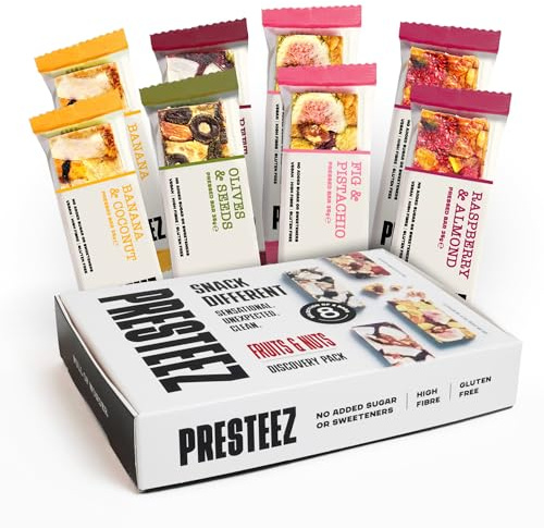 Presteez Fruit & Nut Mixed Flavours Bars, Vegan, No Added Sugar, 8 Pack | 35g minimally processed clean eating healthy snacks for adults, vegan, gluten free, no added sugar or sweeteners, 5 flavours