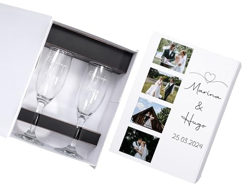 Made in Gift | Caja Premium Personalizada con Copas de Cava y Fotos | Regalo Original de Aniversario o Boda | Copas Grabadas con Nombres | Detalle Romántico y Elegante
