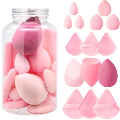 WenYa 15Pcs Makeup Sponges Set with Powder Puff Wet Powder Puff Sponge Pink | Latex-Free Mini Finger Puffs & Multi-Shaped Beauty Blenders, 1.5X Water Expandable for Dry or Wet Use Foundation, Eye Makeup