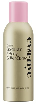 Eva NYC Kweeen Gold Hair and Body Glitter Spray - Ultra Shimmery Gold Glitter Formula - Adds Shine + Non-Sticky - Quick Drying Sparkle Spray for Hair and Body - Warm Vanilla Scent - 4.9 oz