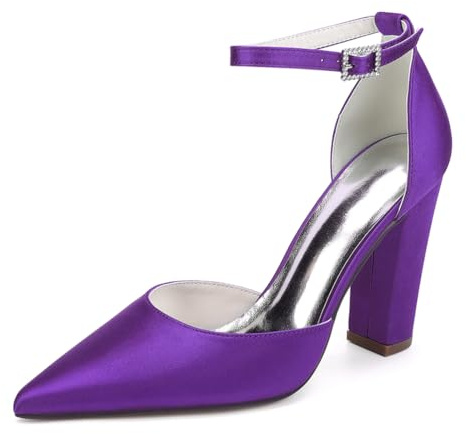LRMYMHY Chaussures De Mariage en Satin À Bretelles De Cheville pour Femmes Talons À Talons Blocs Talons De Mariée À Bout Pointu,Dark Purple,43 EU